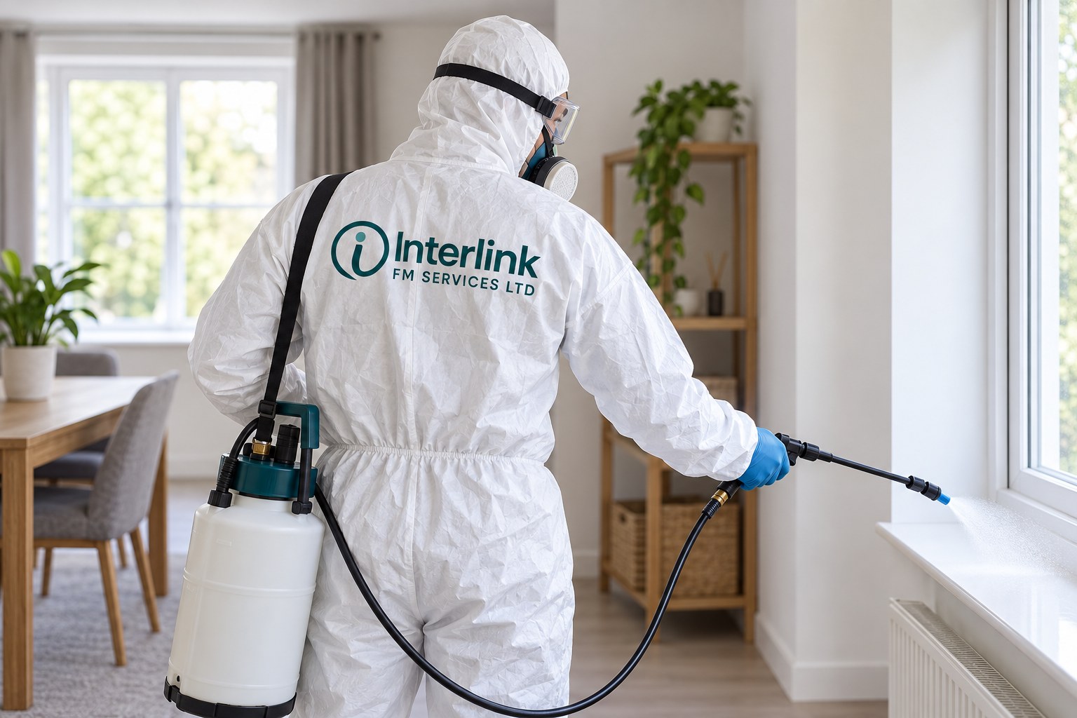 AI-created promotional image of a specialist cleaner in branded protective clothing